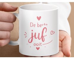 Mok De beste juf ooit cadeau voor leerkracht, afscheid juf, bedankje einde schooljaar, juffendag, hartjes mok