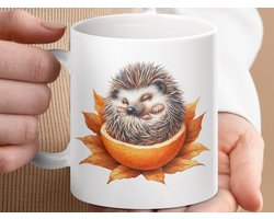 Mok, Egel in sinaasappel theemok, Schattige dierlijke mok, herfstmok, fruit mok, unieke koffiemok, cadeau idee, egel mok