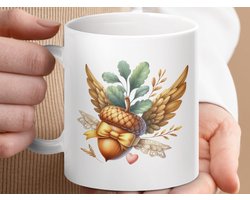 Mok Eikel Mug, Herfst Decor, Gouden Vleugels Design, Natuur Kunst Koffiemok, Valentijnsdag Gift, Unieke Thee Kop, Eikel Liefhebber Cadeau