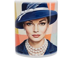 Mok Elegant portret vrouw met blauwe hoed - Vintage mode illustratie en parelketting - Chique retro koffiemok - Kunstzinnig theecadeau voor haar bureau