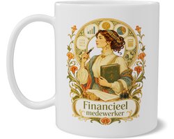 Mok Financieel medewerker met vintage Art Nouveau illustratie, administratieve professional met boekhouding, cijfers en grafieken, front back koffiemok voor kantoor, finance team of collega cadeau