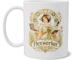 Mok Flexwerker met Art Nouveau illustratie, vintage gouache dame met laptop, agenda en werkiconen, duidelijke beroepstekst, cadeau voor freelancer, zzp’er en hybride werker