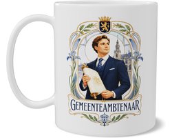 Mok Gemeenteambtenaar beroep Art Nouveau illustratie met stadsbestuur, rol document en gemeentelijk wapen, cadeau voor ambtenaar of collega, front en back print op beide zijden zichtbaar