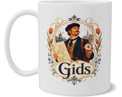 Mok Gids beroep Art Nouveau illustratie met kaart kompas en botanische sierlijst, vintage reisleider cadeau voor gids, toerisme liefhebber of collega, front en back print op beide zijden zichtbaar