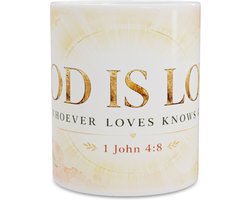 Mok God Is Love - 1 Johannes 4:8 Bijbeltekst - Elegant minimalistisch bloemendesign in warme roze en goudtinten - Liefdevol Christelijk cadeau theemok voor haar
