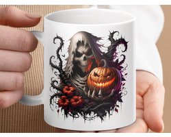 Mok Grim Reaper Pumpkin Mug, Halloween Skull, Gothic Home Decor, Spooky Season Gift, Unique Coffee Mug, Horror Art, Halloween Mug