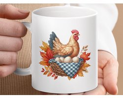 Mok, Hen in Nest Mug, Autumn Leaves Keramische Beker, Boerderijdier Koffiemok, Herfstdecor Mok, Kippenliefhebber Cadeau, Dierenthema