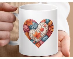 Mok, Herfst Breien Hart, Wol Bolletjes, Keramische Koffie Mok, Gezellige Herfst Decor, Cadeau Voor Breiers, Cadeau Voor Haaksters, Koffie