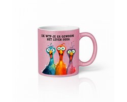 Mok Ik WTF-je Er Gewoon Het Leven Door – Grappige Kippen – Roze Glitter – Keramiek 330 ml