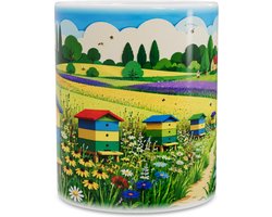 Mok Imkerij in de Bloemenweide Kleurrijke Bijenkorven en Wilde Bloemen in Poolse Volkskunst Stijl Originele Koffiebeker