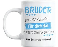 Mok in zuiver wit met spreuk, dubbelzijdig bedrukt en vaatwasmachinebestendig, kopjes met tot 3000 wasbeurten, koffiemok met spreuken "Ich habe das perfekte Geschenk für dich" (broer)