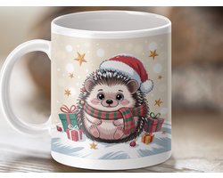 Mok kerst egel, feestelijke mok, winterse beker, schattige dieren mok, cadeau idee, koffie mok, thee mok, kerstcadeau egel illustratie