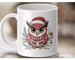 Mok Kerst Uil met Kerstmuts en Sjaal, Feestelijke Mok voor de Feestdagen, Schattige Uil Mok, Kerstcadeau Idee, Feestdagen Mok