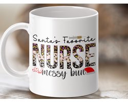 Mok - Kerstman's Favoriete Verpleegkundige Messy Bun Mok, Kerst Verpleegkundige Cadeau, Grappige Verpleegkundige Mok, Kerstcadeau