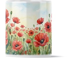 Mok Klaprozen Aquarel Series - Rood Bloemenveld & Zomerse Sfeer - Uniek Cadeau voor haar: Vriendin of Collega - Vrolijke Theemok met Natuurprint - Stijlvolle Koffiemok voor Bloemenliefhebbers - Landelijk & Fleurig