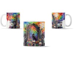 Mok Kleurrijke Gotische Poort Regenboog - Aquarel Series - Vrolijke Gothic Art met Schedel en Raaf - Opvallend Cadeau voor haar: Vriendin of Collega - Fantasie Koffiemok met Rozen in Felle Kleuren