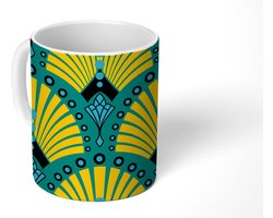 Mok - Koffiemok - Art Deco - Patroon - Blauw - Geel - Mokken - 350 ML - Beker - Koffiemokken - Theemok