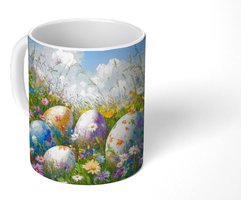 Mok - Koffiemok - Grasveld - Eieren - Bloemen - Mokken - 350 ML - Beker - Koffiemokken - Theemok