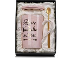 Mok koffiemok, porselein, 400 ml mok met spreuk, beste vriendin, geschenken voor vrouwen met deksel, lepel, geschenkdoos roze