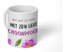 Mok - Koffiemok - Schoonmoeder - Quotes - Wat bof ik toch met zo'n lieve schoonmoeder - Spreuken - Mokken - 350 ML - Beker - Koffiemokken - Theemok - Mok met tekst