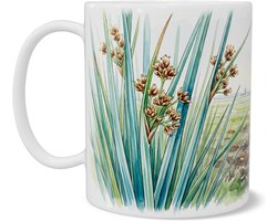 Mok Koffiemok - Zeegroene Rus in Polderlandschap met Molens - Botanische Aquarel - Landelijk Nederlands Cadeau - Sfeervolle Natuur Beker voor Thuis en Kantoor
