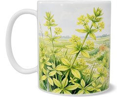 Mok Kruisbladwalstro Aquarel Series - Groen weidelandschap met windmolen - Cadeau voor natuurliefhebber en botanicus - Vrolijke weidebloemen illustratie voor koffiehoek of bureau - Landelijke sfeer voor in huis