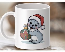 Mok Merry Christmas, Zeehond met Kerstbal, Feestelijke Kerst Mok, Schattige Zeehond, Kerst Cadeau, Warm Dranken Mok, Kerstversiering