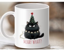 Mok - Merry What Grumpy Zwarte Kat met Kerstboom, Nieuwjaar Humor Mok, Unieke Kerst Mok Cadeau Idee, Feestelijke Kattenliefhebbers Mok