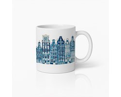 Mok met Amsterdamse Grachtenpanden – Charmante Blauwe Nederlandse Architectuur Koffiebeker
