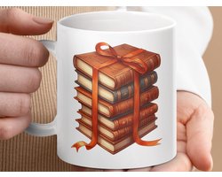 Mok met boekstapel design, Geleerde boeken, Rode strik, Cadeau voor boekenliefhebber, Boekenthema mok, Lezen mok, Bibliotheek mok