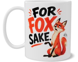 Mok met boze vos en tekst For Fox Sake - grappige woordgrap met retro gouache illustratie - cadeau voor fox lover of collega