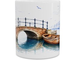 Mok met Delfts Blauw Hollands Landschap - Koffiemok met Authentieke Stenen Brug, Houten Roeiboot en Typische Windmolen in Aquarel - Panoramische Grote Beker Cadeau voor Koffieliefhebbers