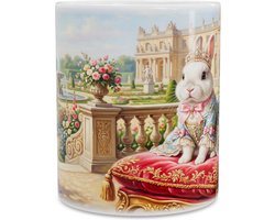 Mok met een schattig wit konijn van de soort Oryctolagus cuniculus in een prachtige blauwe baljurk en tiara op een rood fluwelen kussen in een barokke kasteeltuin met fontein voor dierliefhebbers