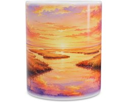 Mok met Goudgeel Moeraslandschap bij Zonsondergang - Koffiemok Panoramische Aquarel Kunst - Warme Natuur en Landschap Decoratie - Cadeau voor Natuurliefhebbers