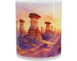 Mok met Hoodoos bij Zonsopgang - Ergetrokken Rotsnaalden - Koffiebeker Cadeau Natuurliefhebber