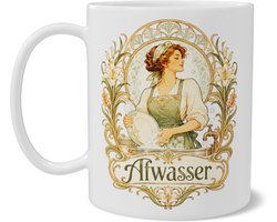 Mok met illustratie van Afwasser in elegante Art Nouveau stijl - Grappig bedankje voor horeca medewerker of onmisbare afwashulp - Sierlijke theemok met zeepbellen en florale ornamenten voor keuken of restaurant