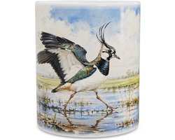 Mok met illustratie van een kievit in nat Hollands weidelandschap met windmolen - Verfijnde aquarel weidevogel theemok - Sfeervol cadeau voor vogelspotters en liefhebbers van de Nederlandse natuur
