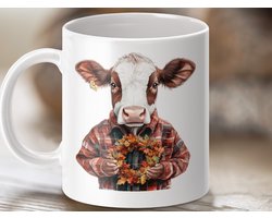 Mok met Koe Ontwerp, Boerderijdier Mok, Herfst Krans, Koe in Flanellen Shirt, Schattige Koe Koffiemok, Unieke Mok Cadeau Idee