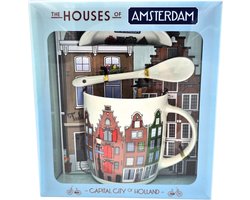 Mok met lepel - Amsterdam gevelhuizen - Lux geschenkdoos - Typisch Hollands - souvenir - Dutch Gift