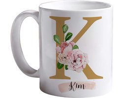 Mok met Letter en Naam – Bloemen Design – Cadeau met Initiaal – Koffiemok 350ml – Inclusief Cadeauverpakking