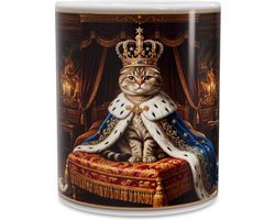 Mok met majestueuze Scottish Fold kat Felis catus met koninklijke kroon en blauwe fluwelen mantel op rode poef in barok portretgalerij met open haard en kasteelraam voor kattenliefhebbers