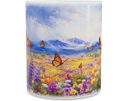 Mok met Monarchvlinders boven een Woestijn Superbloei - Kleurrijke Koffiebeker Bloemenveld en Vlinders - Aquarel Cadeau Botanische Kunst en Natuur