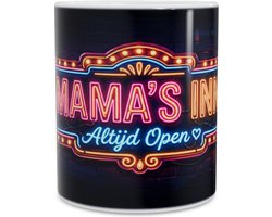 Mok met Neon Hotel Mama Bord illustratie - Mama's Inn Altijd Open met oplichtende letters en koffiekop - Retro vintage design koffiemok als grappig cadeau voor moeder of Moederdag