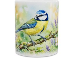 Mok met Pimpelmees "Aquarel Series" Kunst - Schattige Koffiemok & Theebeker met Tuinvogel - Natuur Design voor Thuis & Kantoor - Perfect Cadeau voor haar: Vrouw, Vriendin of Collega - Vogelmok met Botanische Bloemen voor Natuurliefhebbers