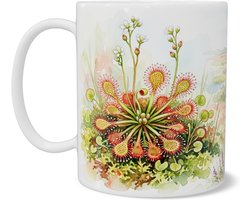 Mok met ronde zonnedauw illustratie in aquarel stijl - Drosera rotundifolia vleesetende plant in veenlandschap - Cadeau voor plantenliefhebber - Koffiemok voor theepauze op bureau