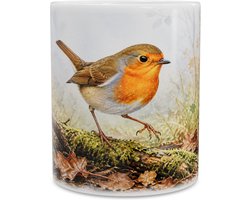 Mok met roodborstje op een tak tussen herfstbladeren en mos - Stijlvolle aquarel vogel illustratie - Gezellig cadeau voor vogelliefhebbers en sfeervolle toevoeging aan de koffiehoek