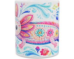 Mok met Schattige Axolotl in Mexicaanse Folk Art Stijl Kleurrijke Koffiemok met Waterornamenten Unieke Vrolijke Thee Mok Cadeau voor Axolotlliefhebbers en Dierenvrienden