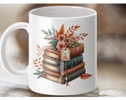 Mok met Stapel Boeken en Herfstbloemen Design, Vintage Boeken Mug, Boekenliefhebber Cadeau, Lezen Mok, Knusse Boekenmok, Warme Dranken Mok