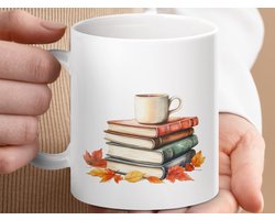 Mok Met Stapel Boeken en Kopje Koffie, Herfst Bladeren Thematische mok, Cadeau Voor Boekenliefhebbers, Lezen mok, Gezellige mok, Fall Themed
