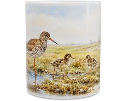 Mok met Tureluur en Kuikens - Aquarel Weidevogel Illustratie Koffiebeker - Landelijk Natuur Cadeau - Tureluur (Tringa totanus) in Polderlandschap